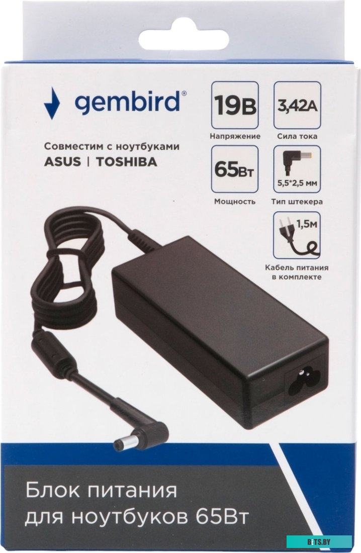 Блок питания Gembird для ноутбуков Asus, Toshiba 19В/3,42А, 65Вт, 1 штекер 5,5х2,5мм (NPA-AC19) NPA-AC19