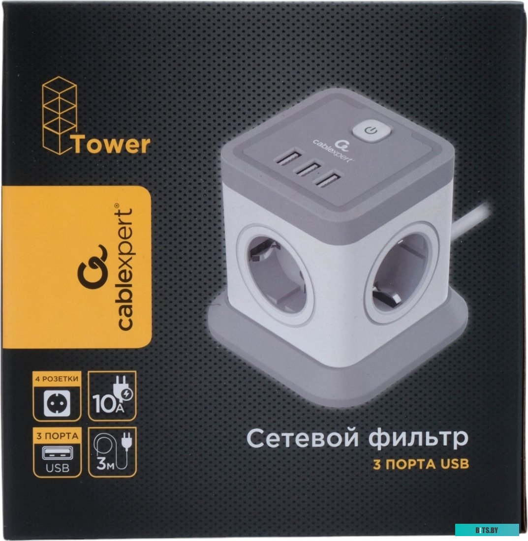 Сетевой фильтр Cablexpert TWR-4-U3-W-3 Tower 4р, 10А, 3xUSB, 3.1А, 3м, ур.защиты 2+, белый, коробка TWR-4-U3-W-3