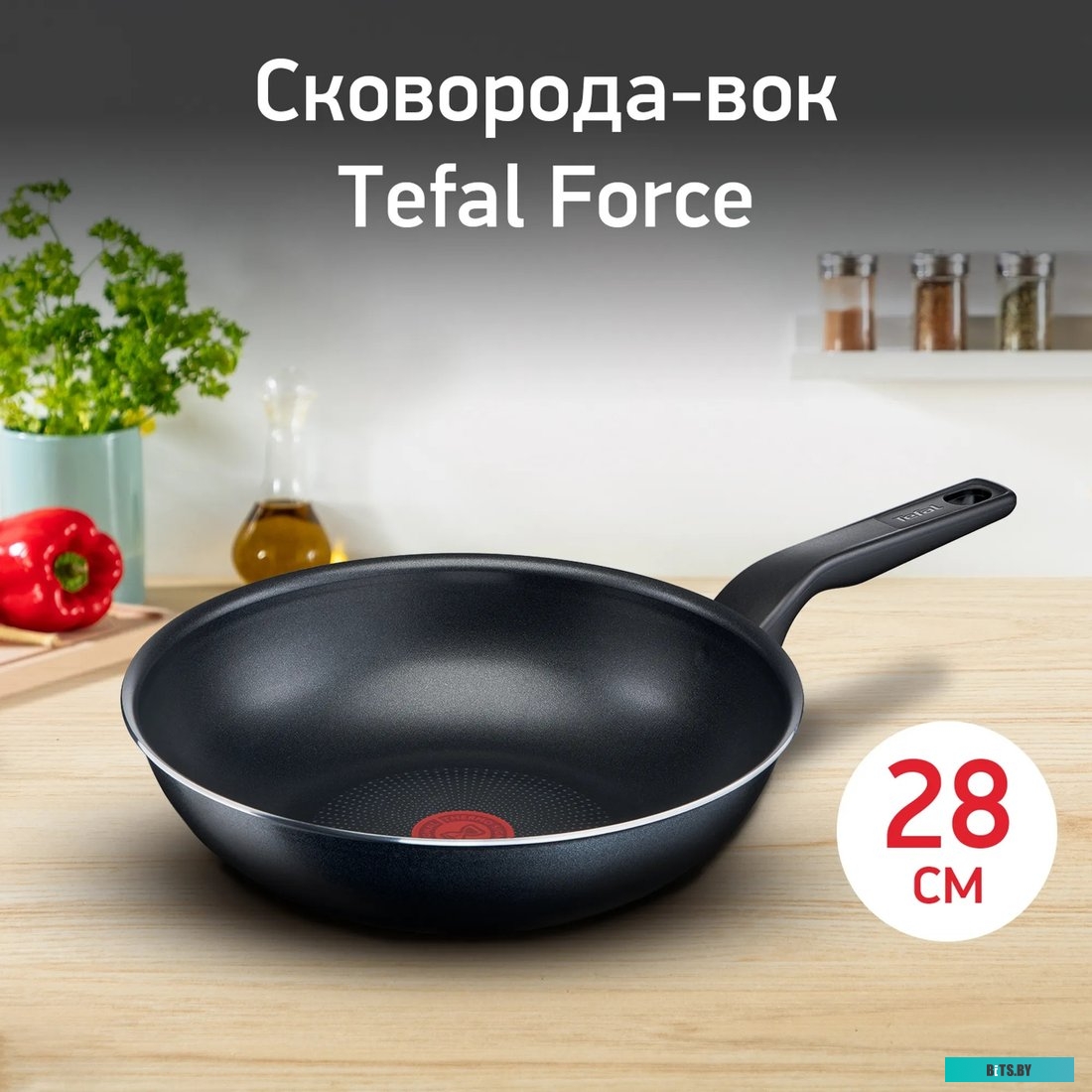 9100048319 Сковорода ВОК (WOK) Tefal Force 4218628, 28см, без крышки,  черный [9100048319]