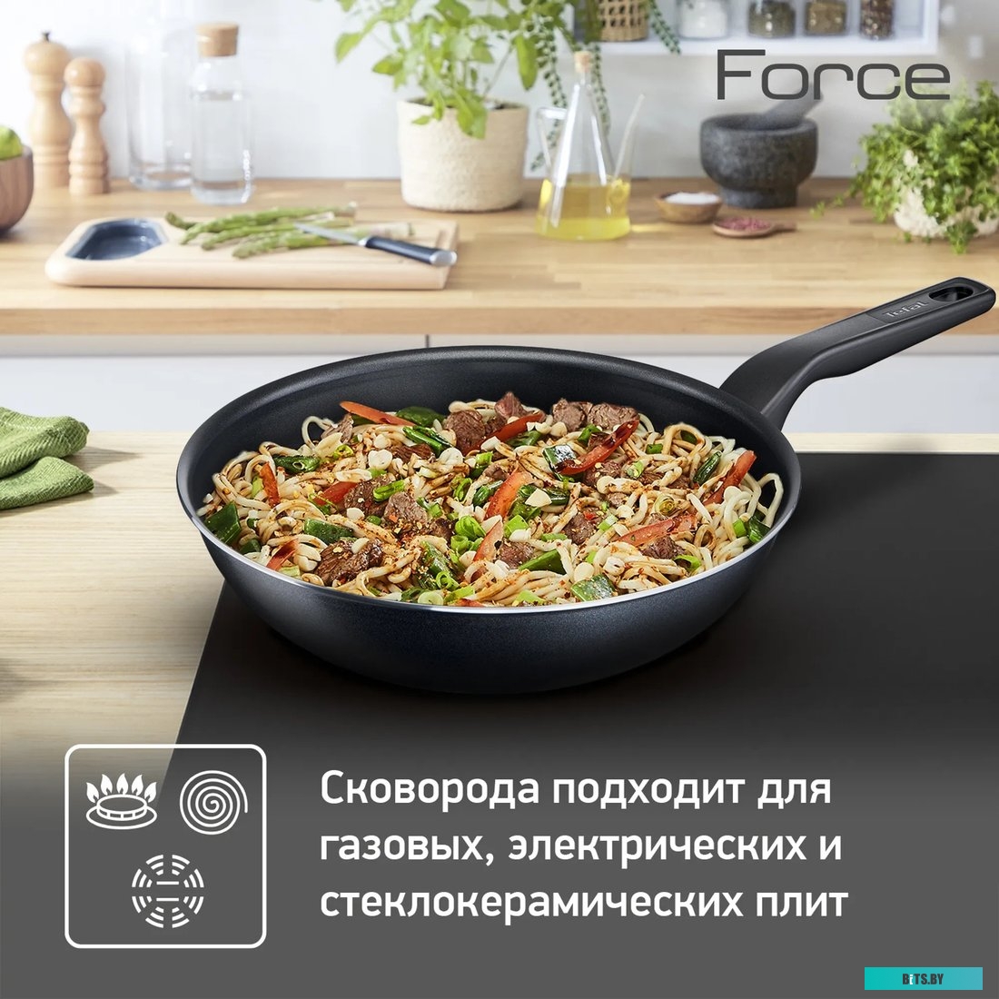 9100048319 Сковорода ВОК (WOK) Tefal Force 4218628, 28см, без крышки,  черный [9100048319]