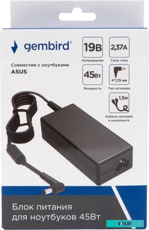 Блок питания Gembird для ноутбуков Asus 19В/2,37А, 45Вт, 1 штекер 4,0х1,35мм (NPA-AC21) NPA-AC21