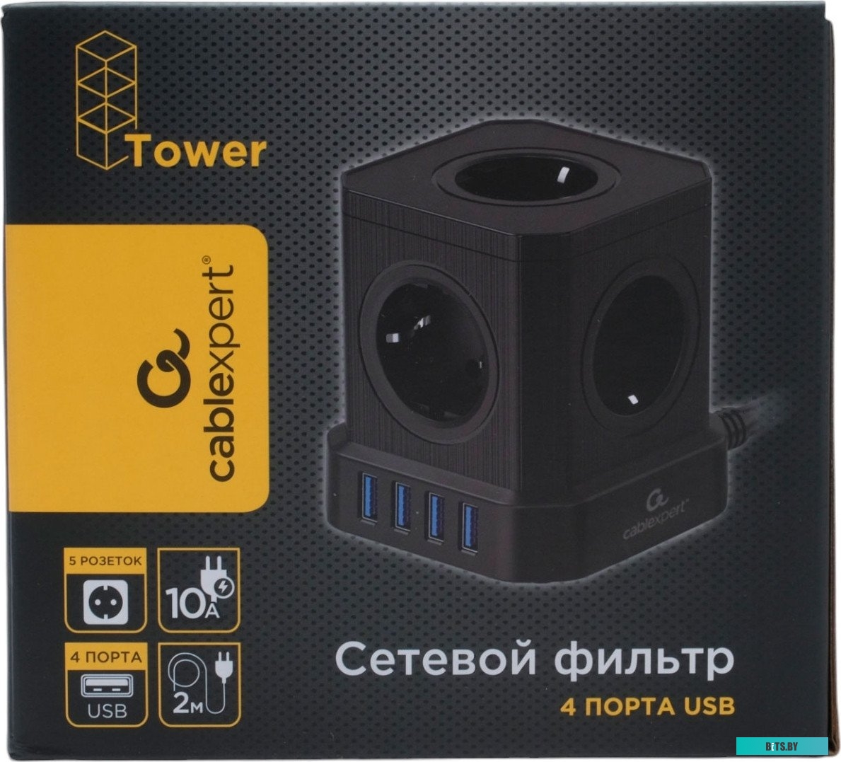 Сетевой фильтр Cablexpert TWR-9-U4-B-2 Tower, 9р, 16А, 4хUSB, 3.1А, 2м, ур.защиты 4+, черный TWR-9-U4-B-2