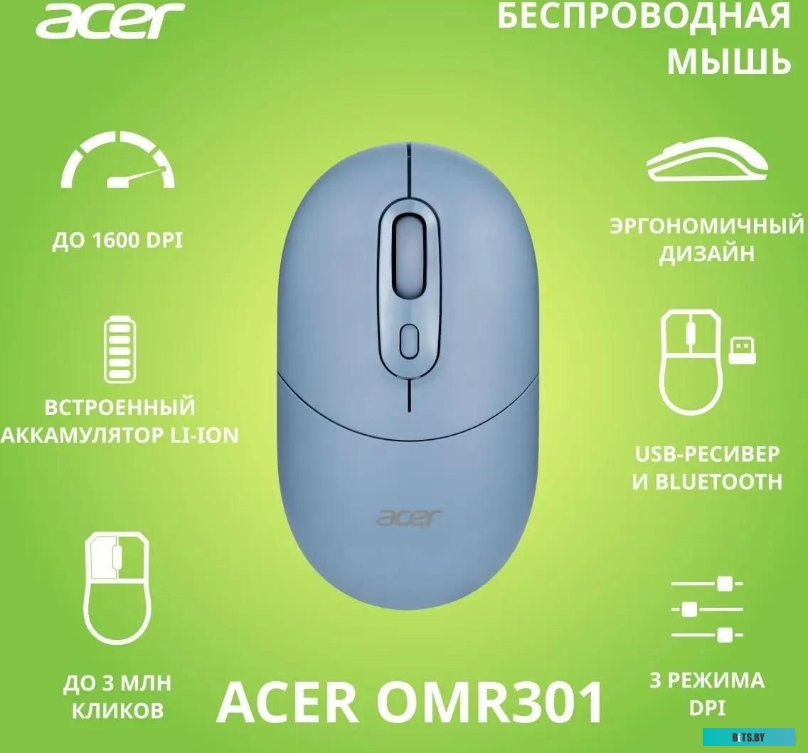 ZL.MCECC.01S Мышь Acer OMR301, оптическая, беспроводная, USB, синий [zl.mcecc.01s]