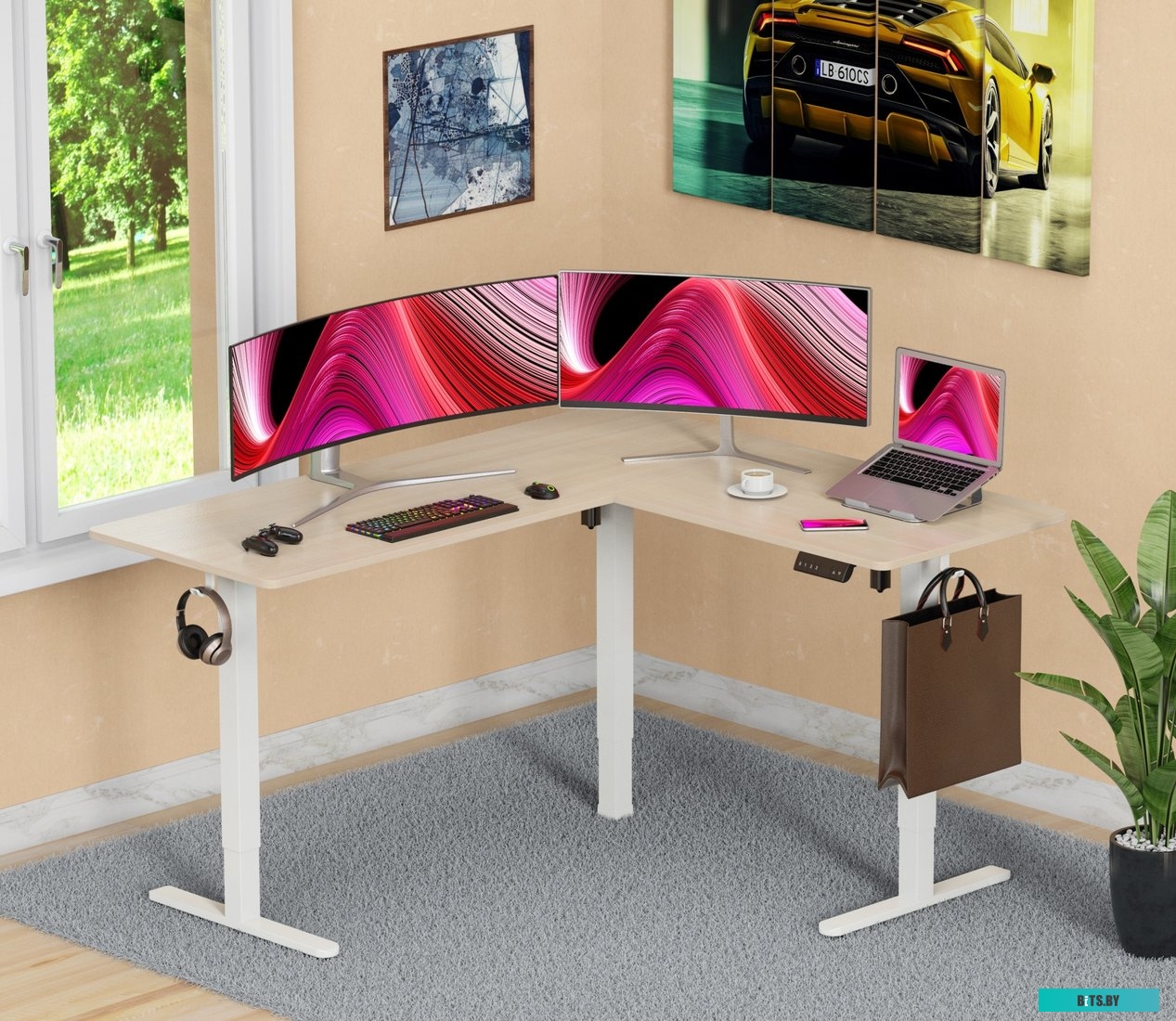 Стол для компьютера Cactus угловой подъёмный столешница МДФ белый дуб каркас белый 140x72x60см (CS-EDXL-WWD) CS-EDXL-WWD