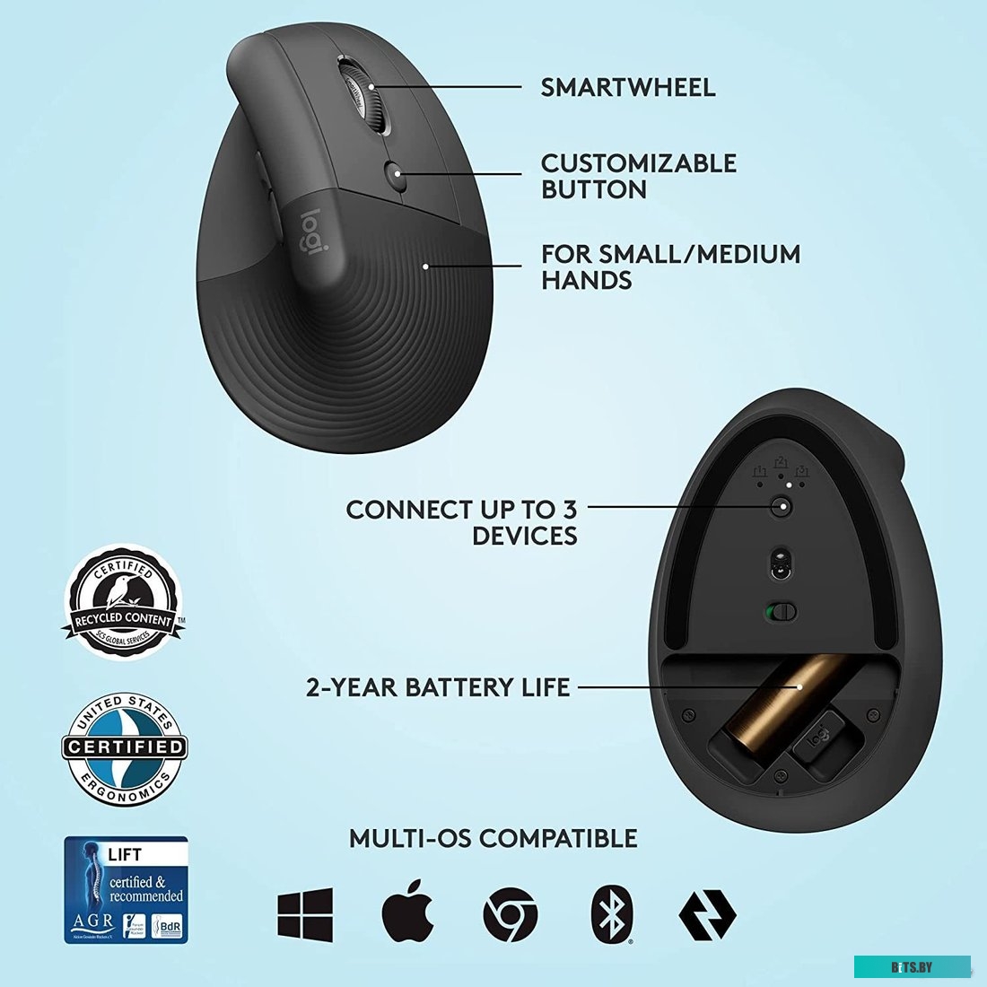 Мышь Logitech Lift белый оптическая (4000dpi) silent беспроводная BT/Radio USB для ноутбука (5but) 910-006486