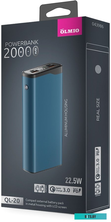 Портативное зарядное устройство Olmio QL-20 20000mAh (голубой) <043986>