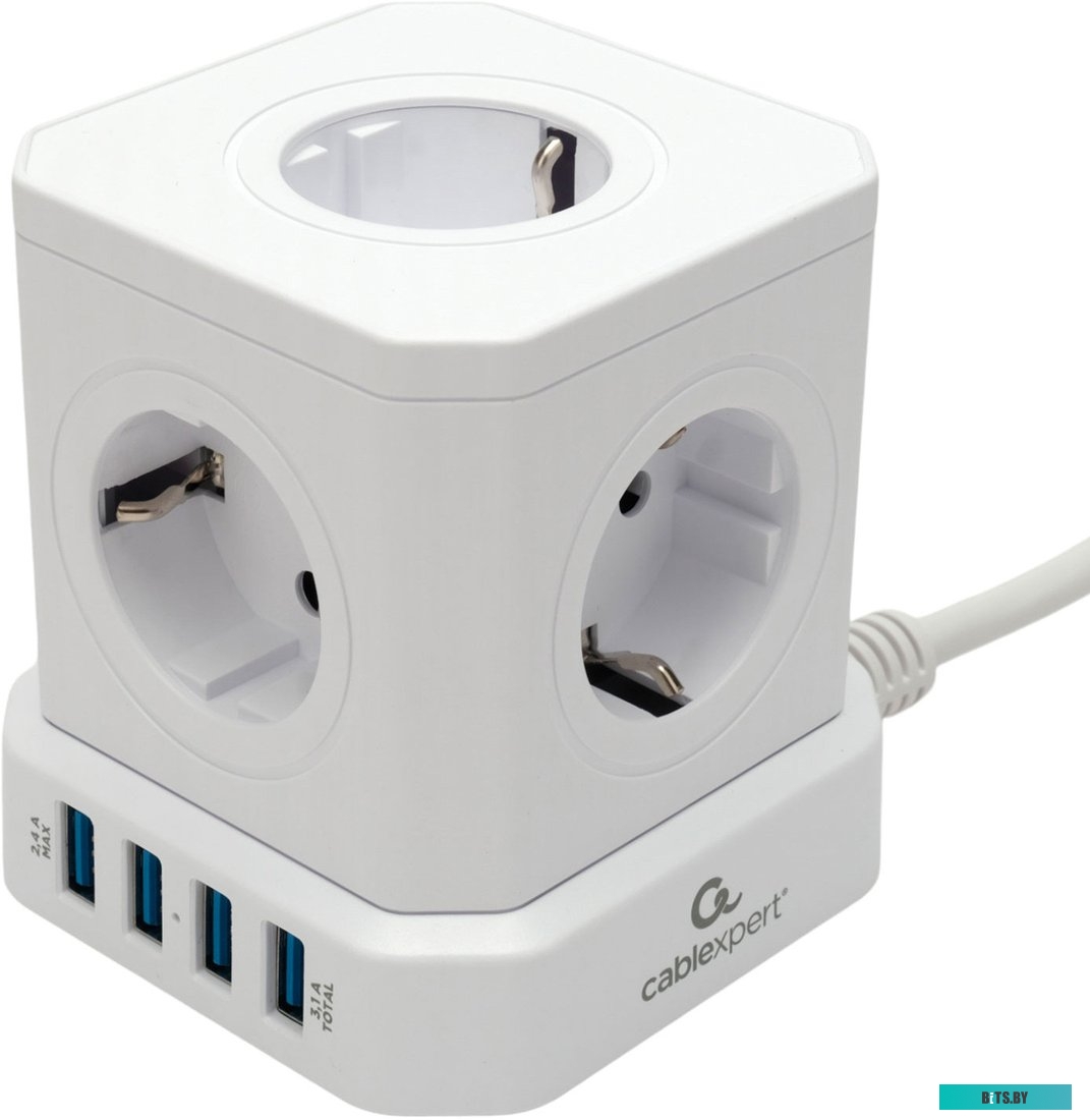 Cablexpert Сетевой фильтр Tower TWR-5-U4-W-3 (Tower 5р, 10А, 4 х USB, 3.1А, 3м, ур.защиты 4+) белый, коробка {22554} TWR-5-U4-W-3