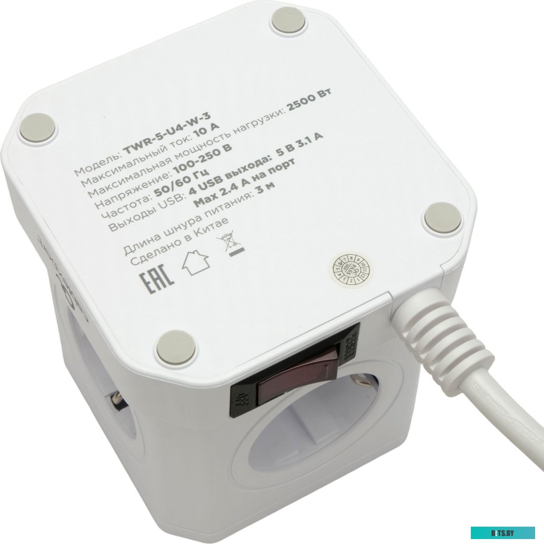 Cablexpert Сетевой фильтр Tower TWR-5-U4-W-3 (Tower 5р, 10А, 4 х USB, 3.1А, 3м, ур.защиты 4+) белый, коробка {22554} TWR-5-U4-W-3