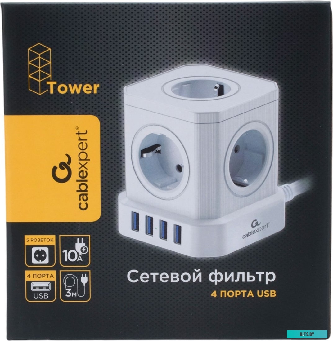 Cablexpert Сетевой фильтр Tower TWR-5-U4-W-3 (Tower 5р, 10А, 4 х USB, 3.1А, 3м, ур.защиты 4+) белый, коробка {22554} TWR-5-U4-W-3