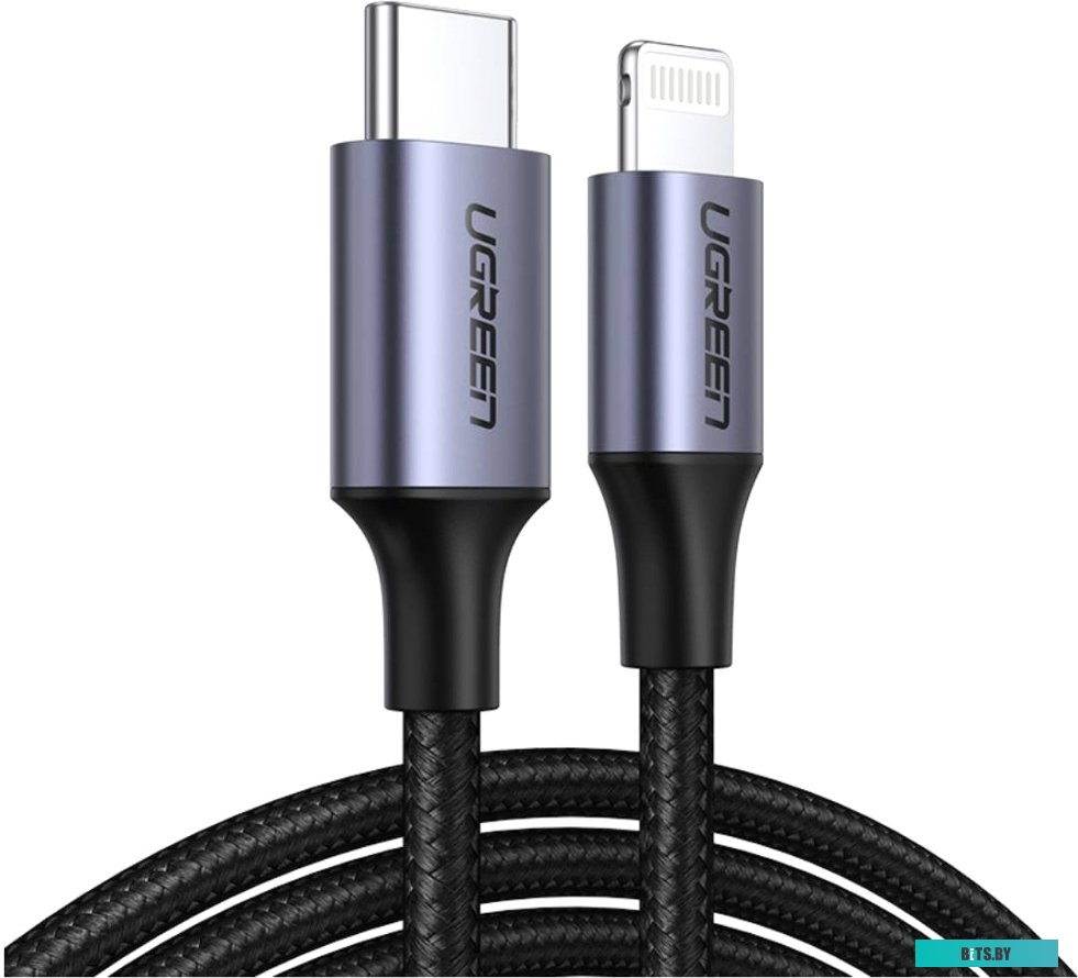 Кабель UGREEN US304-60759, Type C to Lightning, Apple MFI certified, 3A, PD 18W, в оплётке, 1m,, черный