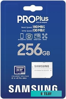 Карта памяти MicroSDXC 256GB Samsung MB-MC256SA/EU EVO PLUS, U3, V30, A2, UHS-I, Class 10, 160 MB/s MB-MC256SA/EU