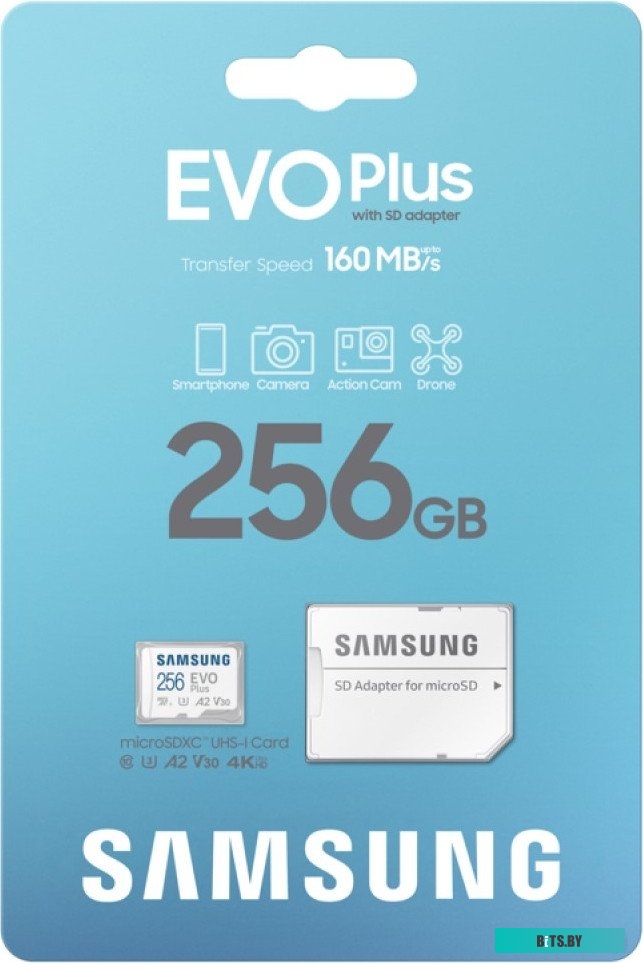 Флеш карта microSDXC 256GB Samsung EVO Plus Class 10, A2, V30, R160 МБ/с, <MB-MC256SA/APC> MB-MC256SA/APC