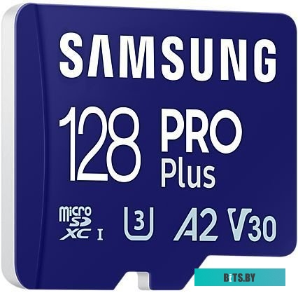 Карта памяти MicroSDXC 128GB Samsung MB-MD128SA/KR PRO Plus Class 10, A2, V30, UHS-I (U3), W 130 МБ/с, R 180 МБ/с, адаптер на SD MB-MD128SA/KR