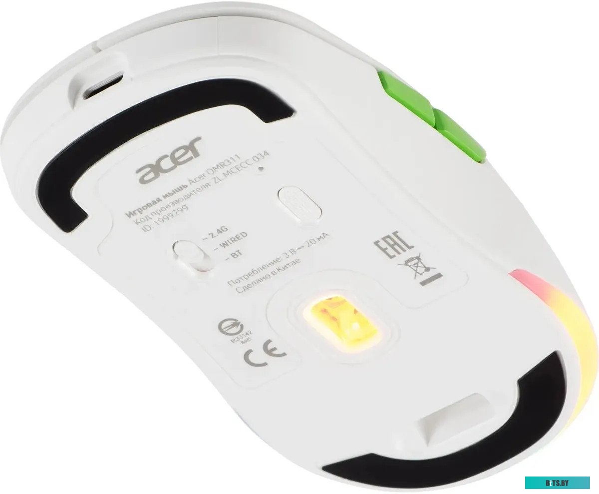 Мышь беспроводная Acer OMR311, 2400dpi, 600 мАч, Bluetooth/Wireless/USB Type-C, RGB, Белый ZL.MCECC.034 ZL.MCECC.034
