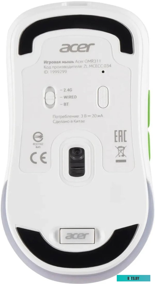 Мышь беспроводная Acer OMR311, 2400dpi, 600 мАч, Bluetooth/Wireless/USB Type-C, RGB, Белый ZL.MCECC.034 ZL.MCECC.034