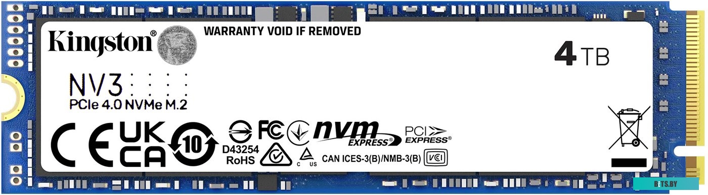 Твердотельный накопитель Kingston SSD NV3, 4000GB, M.2(22x80mm), NVMe, PCIe 4.0 x4, R/W 6000/5000MB/s, TBW 1280, DWPD 0.3 (12 мес) SNV3S/4000G