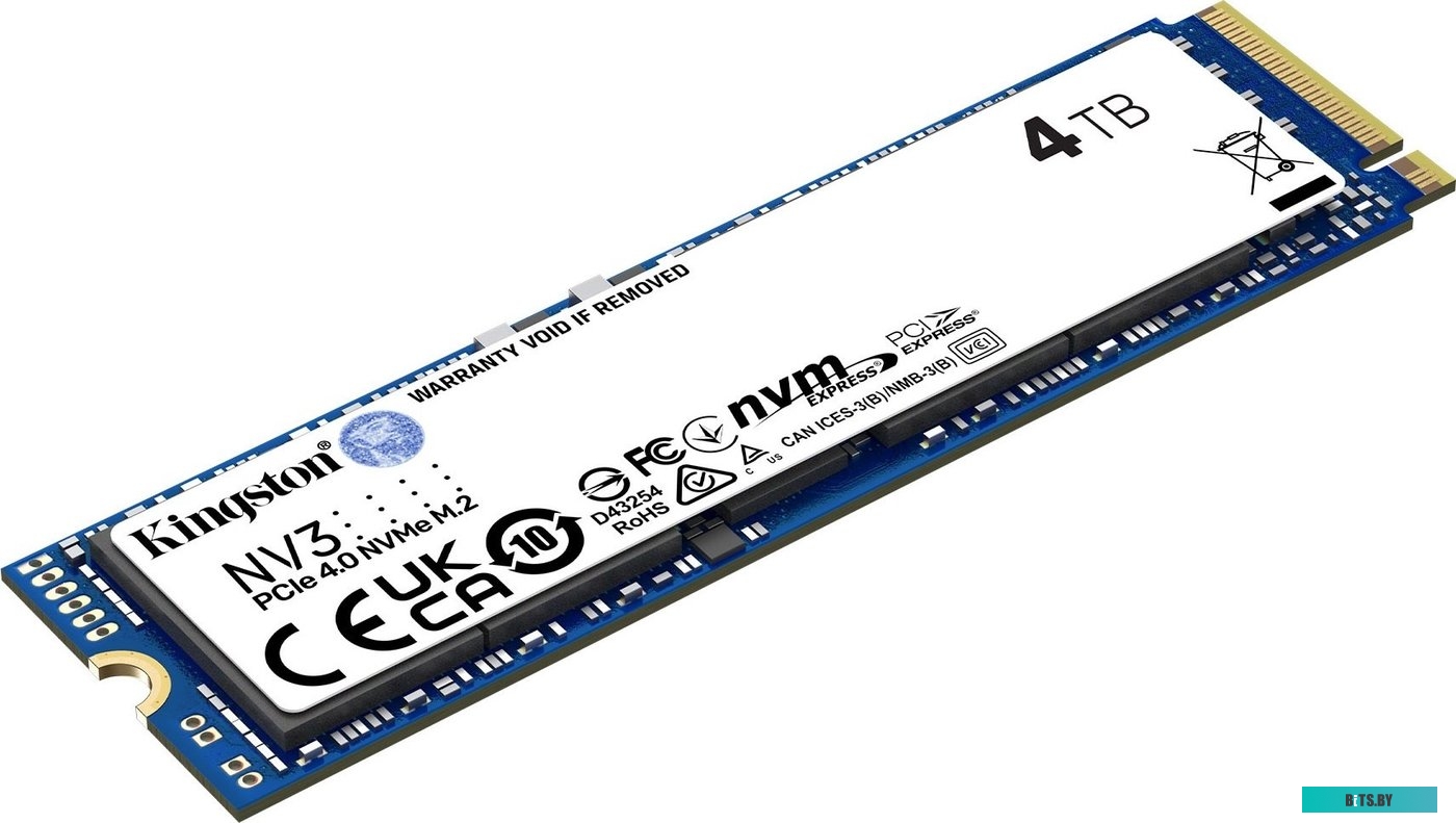 Твердотельный накопитель Kingston SSD NV3, 4000GB, M.2(22x80mm), NVMe, PCIe 4.0 x4, R/W 6000/5000MB/s, TBW 1280, DWPD 0.3 (12 мес) SNV3S/4000G