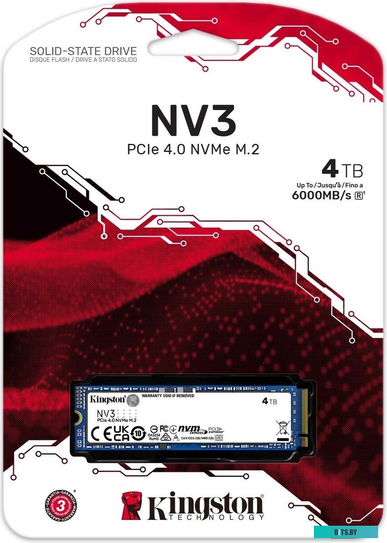 Твердотельный накопитель Kingston SSD NV3, 4000GB, M.2(22x80mm), NVMe, PCIe 4.0 x4, R/W 6000/5000MB/s, TBW 1280, DWPD 0.3 (12 мес) SNV3S/4000G