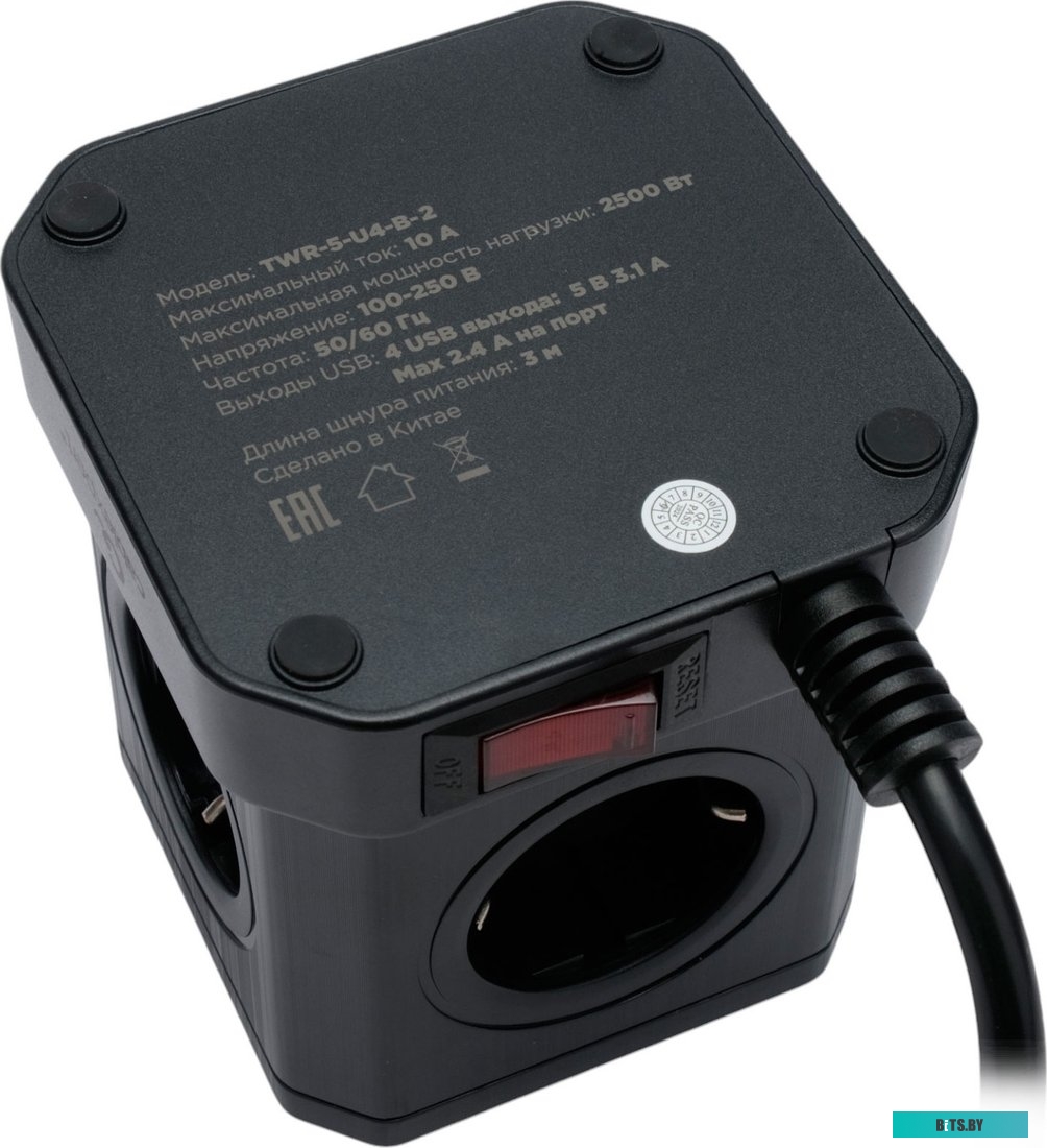 Сетевой фильтр Cablexpert TWR-5-U4-B-3 Tower 5р, 10А, 4хUSB, 3.1А, 3м, ур.защиты 4+, черный, коробка TWR-5-U4-B-3