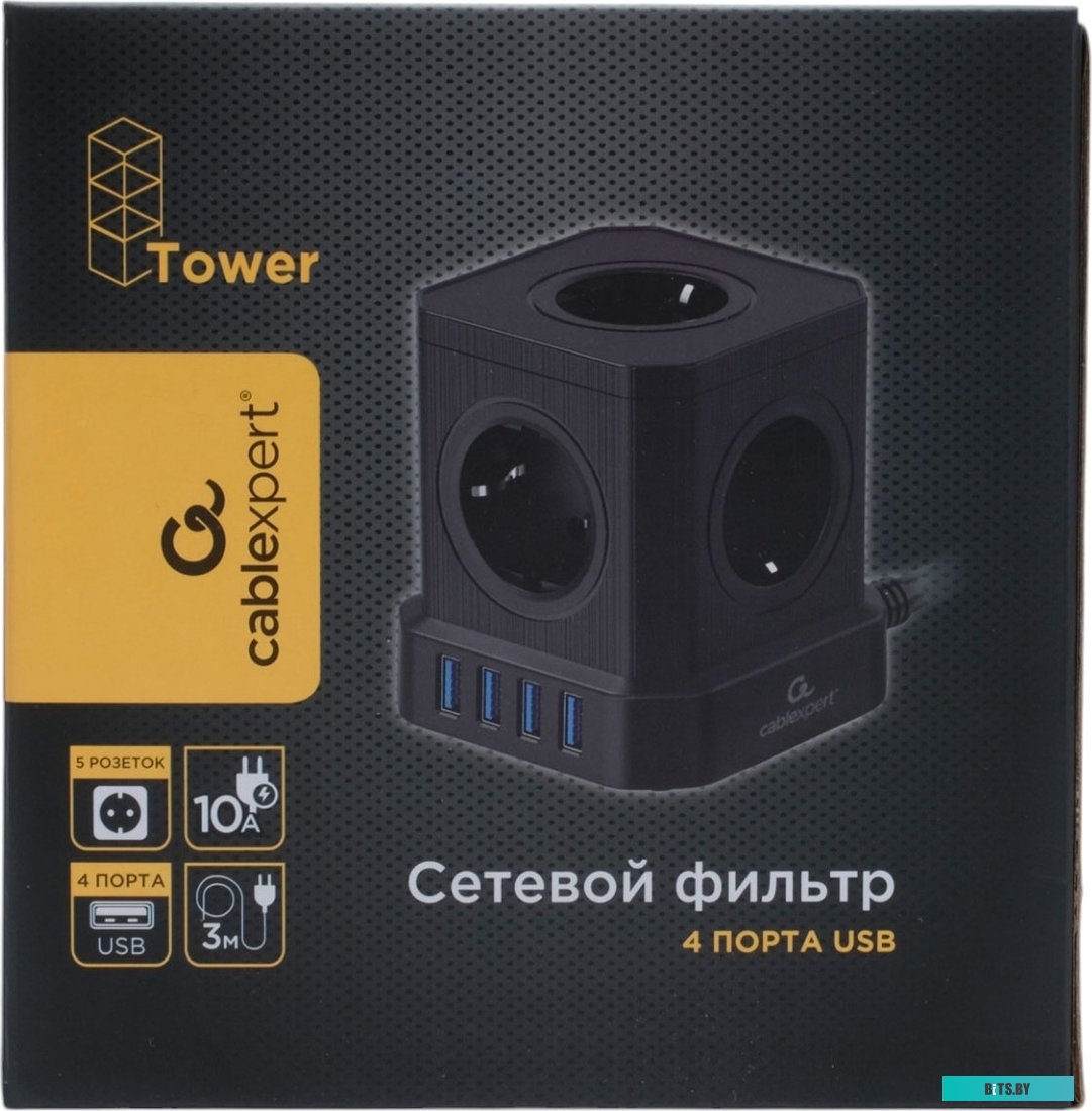 Сетевой фильтр Cablexpert TWR-5-U4-B-3 Tower 5р, 10А, 4хUSB, 3.1А, 3м, ур.защиты 4+, черный, коробка TWR-5-U4-B-3