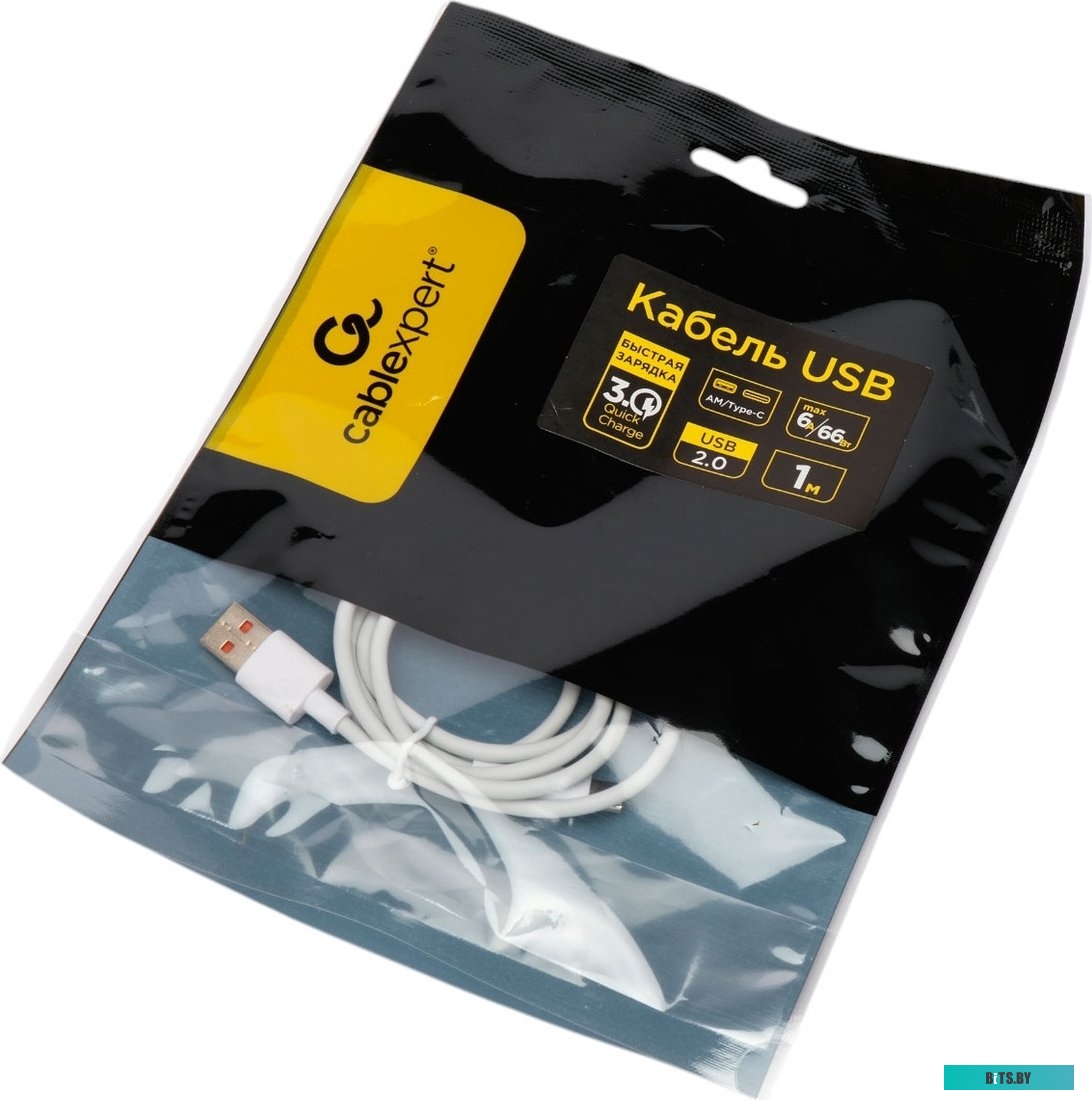 Кабель USB 2.0 Cablexpert CC-USB2S-AMCM-1M-W AM/Type-C, 3А, 18Вт, QC3.0, силиконовый, медь, 1м, белый, пакет CC-USB2S-AMCM-1M-W
