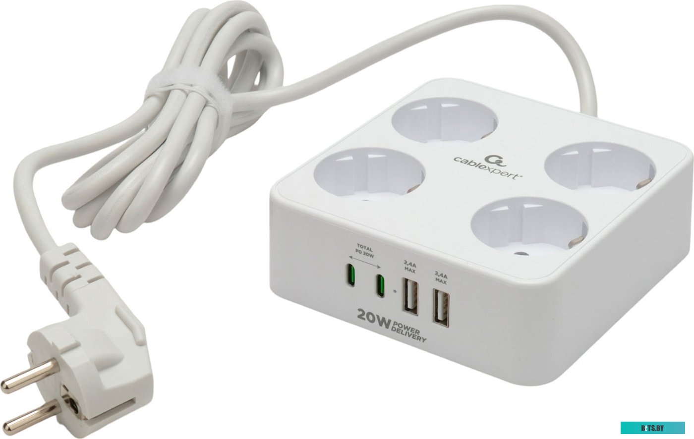 Сетевой фильтр Cablexpert PLT-4-C2U2-W-2 Plate 4р, 10А, 2xType-C PD, 20Вт, 2xUSB, 2м, ур.защиты 4+, белый, коробка PLT-4-C2U2-W-2