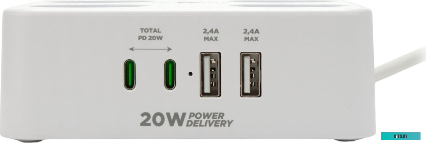 Сетевой фильтр Cablexpert PLT-4-C2U2-W-2 Plate 4р, 10А, 2xType-C PD, 20Вт, 2xUSB, 2м, ур.защиты 4+, белый, коробка PLT-4-C2U2-W-2