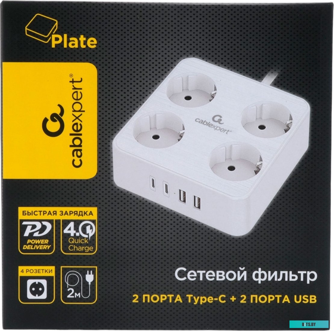 Сетевой фильтр Cablexpert PLT-4-C2U2-W-2 Plate 4р, 10А, 2xType-C PD, 20Вт, 2xUSB, 2м, ур.защиты 4+, белый, коробка PLT-4-C2U2-W-2