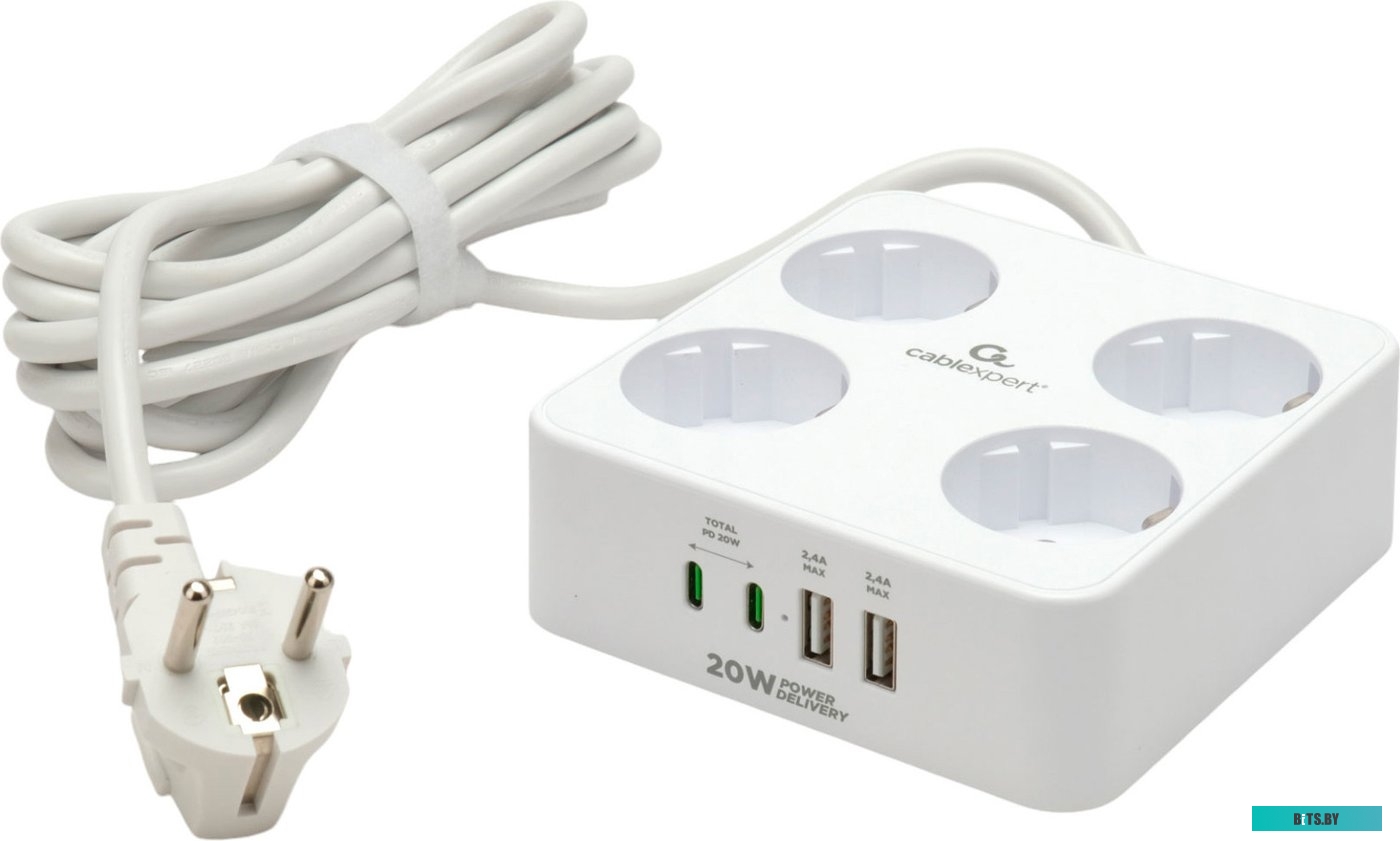 Сетевой фильтр Cablexpert PLT-4-C2U2-W-3 Plate 4р, 10А, 2xType-C PD, 20Вт, 2xUSB, 3м, ур.защиты 4+, белый, коробка PLT-4-C2U2-W-3
