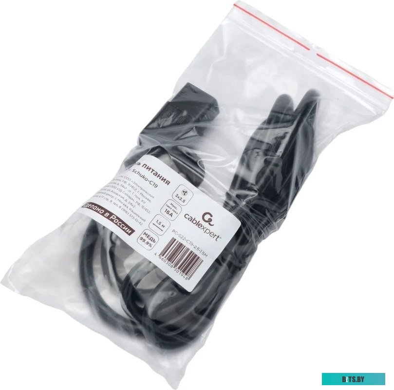 Кабель питания Cablexpert Россия PC-S22-C19-2.5-1.5M, Schuko-C19, 3x2.5мм2, 16A, с заземлением, медь, 1.5м, черный, пакет PC-S22-C19-2.5-1.5M