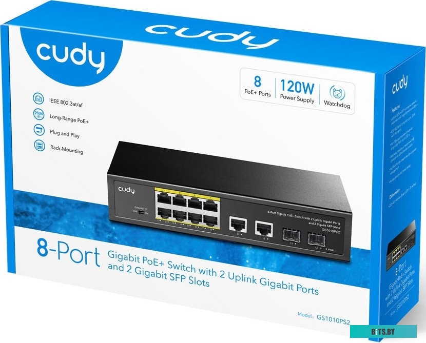 Коммутатор Cudy GS1010PS2 (L2) 10x1Гбит/с 2xКомбо(1000BASE-T/SFP) 2SFP 8PoE 120W неуправляемый GS1010PS2