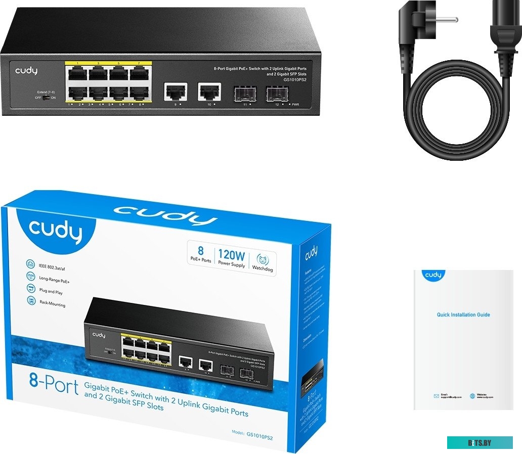 Коммутатор Cudy GS1010PS2 (L2) 10x1Гбит/с 2xКомбо(1000BASE-T/SFP) 2SFP 8PoE 120W неуправляемый GS1010PS2