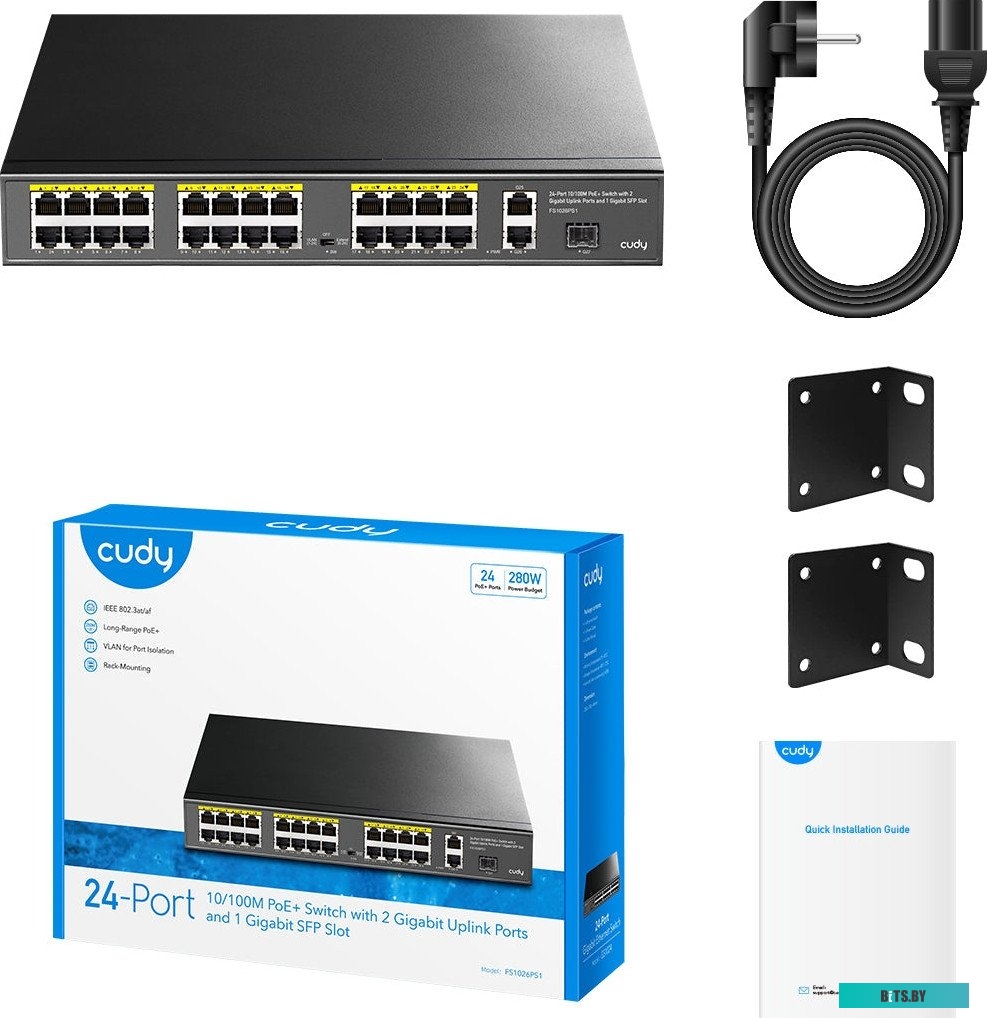 Коммутатор Cudy FS1026PS1 (L2) 24x100Мбит/с 2x1Гбит/с 1SFP 24PoE 24PoE+ 300W неуправляемый FS1026PS1