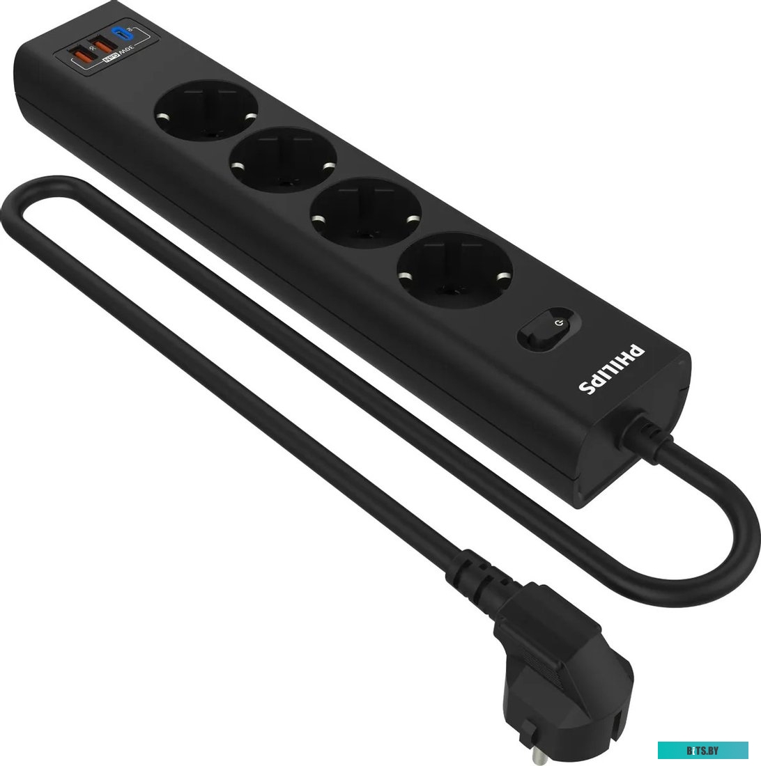 Сетевой фильтр Philips, 3 розетки, 3м, 2500Вт, 2xUSB, 1xUSB Type-C (30Вт), Черный, CHP8236BB/51 CHP8236BB/51