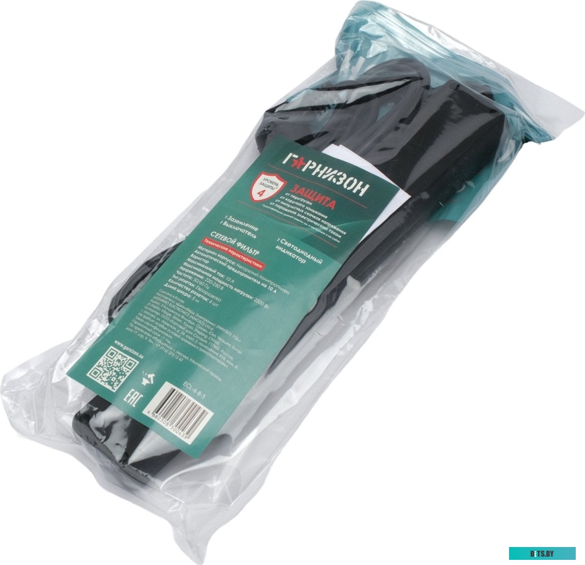 Сетевой фильтр Гарнизон 6р, 10А, 5м, ур.защиты 4, черный, пакет ECL-6-B-5