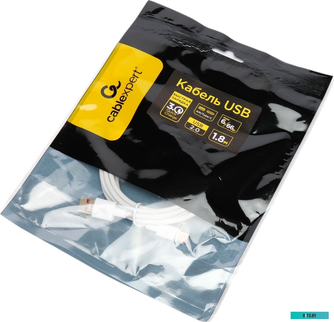 Кабель USB 2.0 Cablexpert CC-USB2-AMCM-66W-1.8M-W AM/Type-C, 6A, 66Вт, QC3.0, медь, 1.8м, белый, пакет CC-USB2-AMCM-66W-1.8M-W
