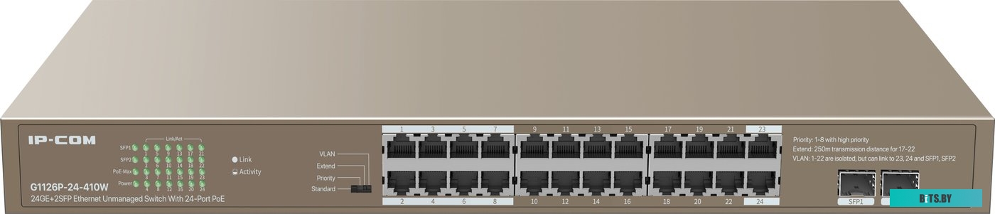 IP-COM G1128P-24-410W Коммутатор неуправляемый PoE, 28 портов, 26x1 Гбит/с, SFP 2x1 Гбит/с, PoE 24x30 Вт (до 370 Вт) G1128P-24-410W
