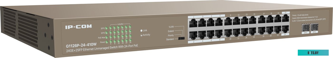 IP-COM G1128P-24-410W Коммутатор неуправляемый PoE, 28 портов, 26x1 Гбит/с, SFP 2x1 Гбит/с, PoE 24x30 Вт (до 370 Вт) G1128P-24-410W