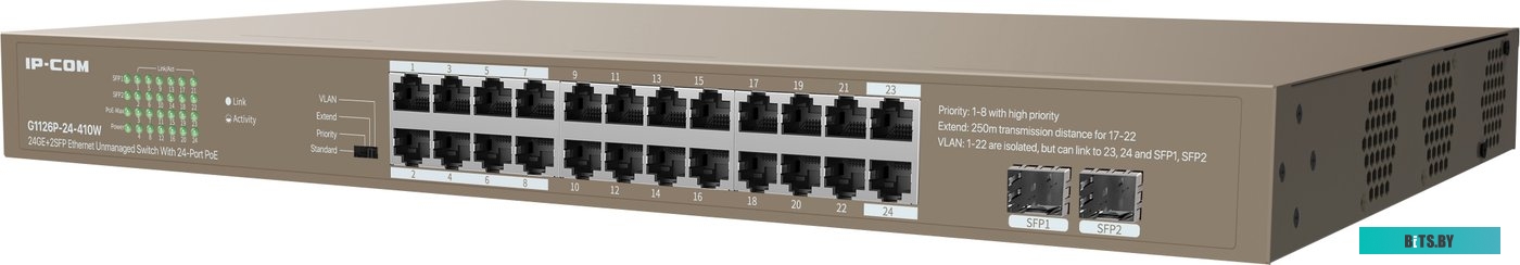 IP-COM G1128P-24-410W Коммутатор неуправляемый PoE, 28 портов, 26x1 Гбит/с, SFP 2x1 Гбит/с, PoE 24x30 Вт (до 370 Вт) G1128P-24-410W