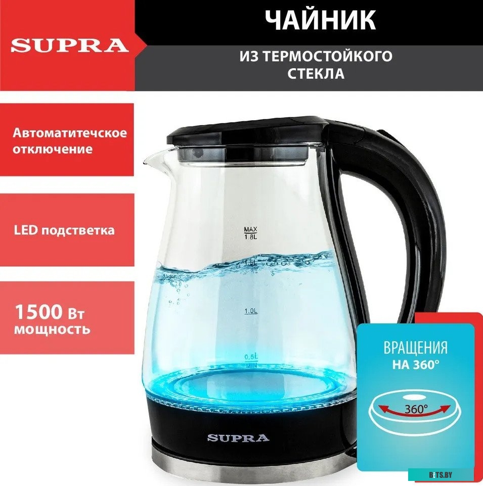 KES-1855G Чайник электрический Supra KES-1855G 1.8л. 1500Вт черный/прозрачный (корпус: стекло)