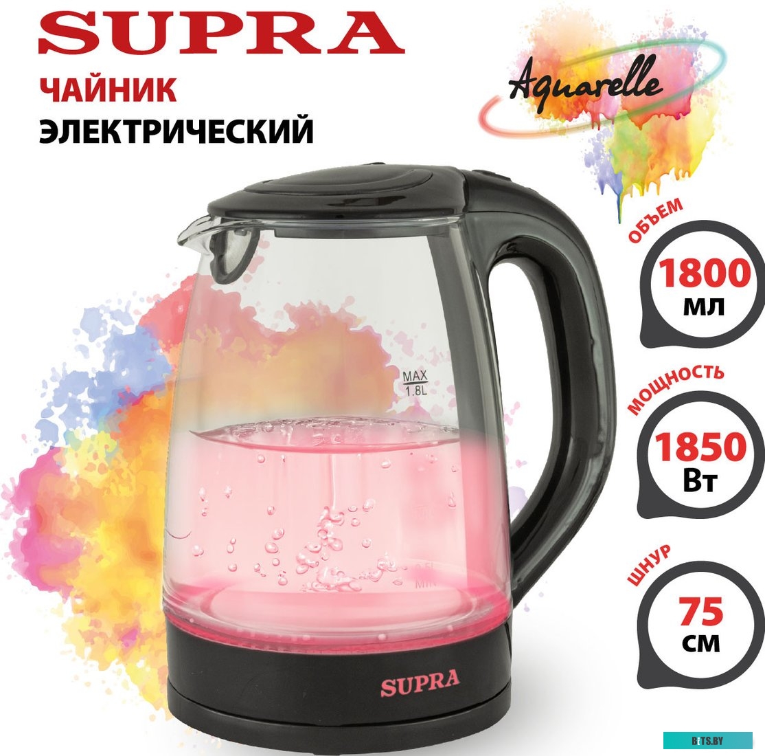 KES-1811G Чайник электрический Supra KES-1811G 1.8л. 1850Вт черный (корпус: стекло)