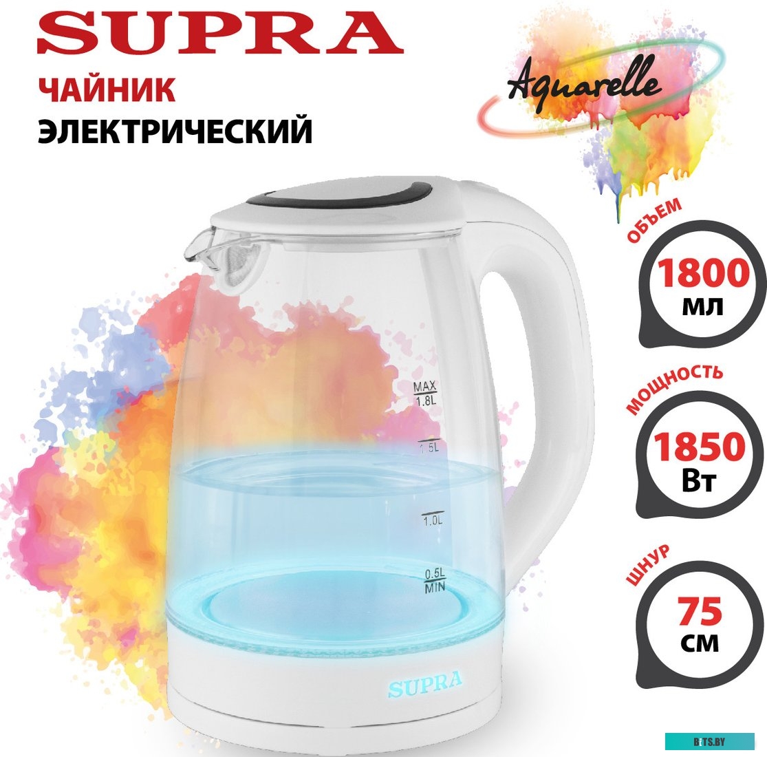 KES-1812G Чайник электрический Supra KES-1812G 1.8л. 1850Вт белый (корпус: стекло)