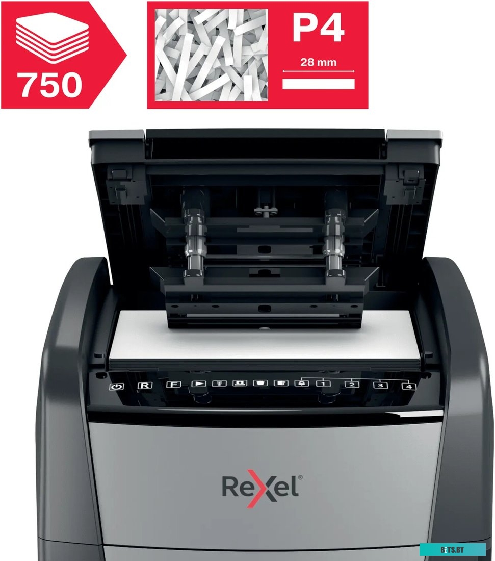 2020750XEU Шредер Rexel Optimum AutoFeed 750X черный с автоподачей (секр.P-4) фрагменты 750лист. 140лтр. скрепки скобы пл.карты