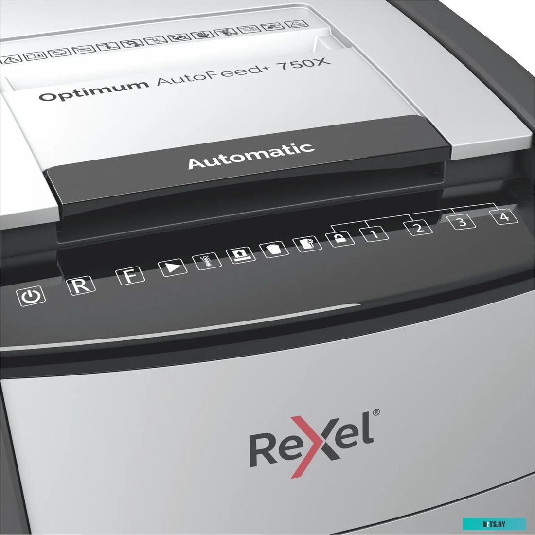 2020750XEU Шредер Rexel Optimum AutoFeed 750X черный с автоподачей (секр.P-4) фрагменты 750лист. 140лтр. скрепки скобы пл.карты
