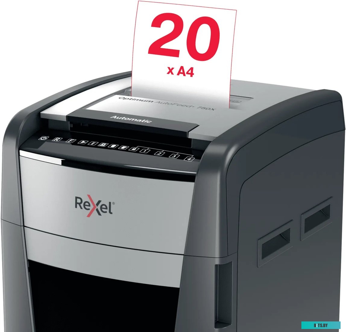 2020750XEU Шредер Rexel Optimum AutoFeed 750X черный с автоподачей (секр.P-4) фрагменты 750лист. 140лтр. скрепки скобы пл.карты