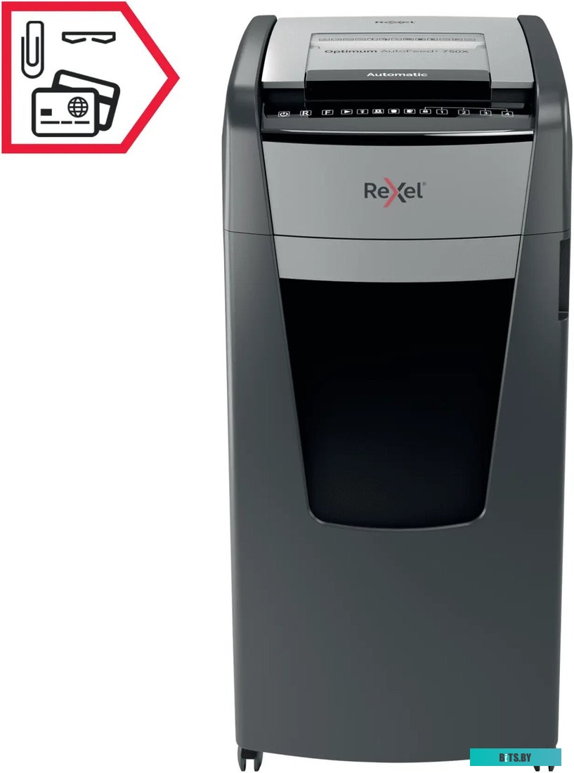 2020750XEU Шредер Rexel Optimum AutoFeed 750X черный с автоподачей (секр.P-4) фрагменты 750лист. 140лтр. скрепки скобы пл.карты