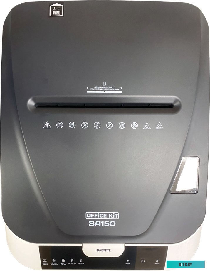 OK3812AS150 Шредер Office Kit SA150 3,8x12 белый/черный с автоподачей (секр.P-4) фрагменты 14лист. 35лтр. скрепки скобы пл.карты