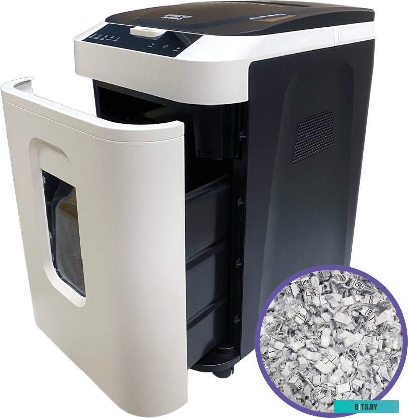 OK3812AS150 Шредер Office Kit SA150 3,8x12 белый/черный с автоподачей (секр.P-4) фрагменты 14лист. 35лтр. скрепки скобы пл.карты