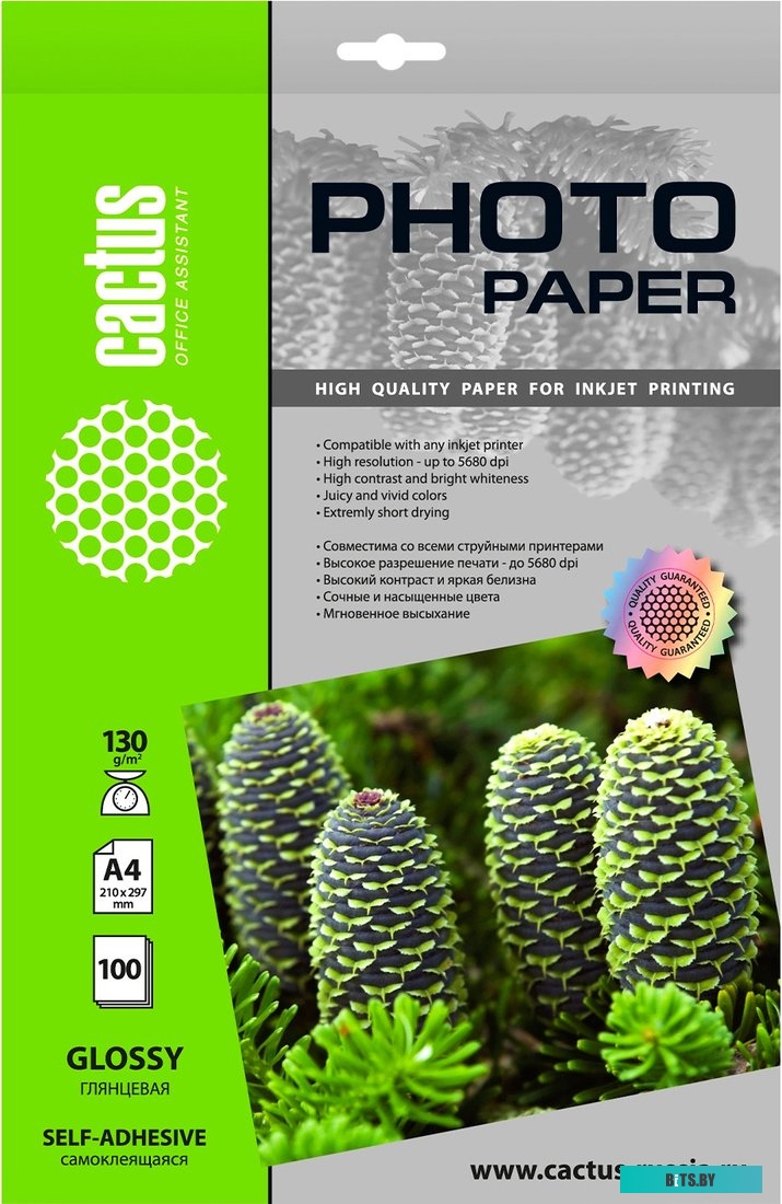 CS-GSA4130100 Фотобумага Cactus CS-GSA4130100 A4/130г/м2/100л. глянцевое самоклей. для струйной печати