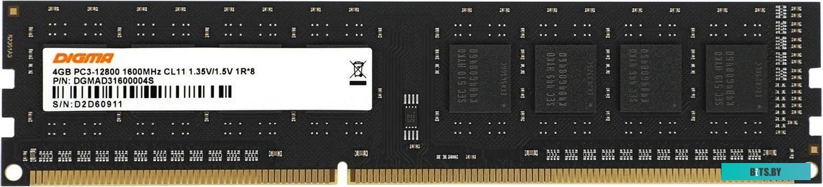Оперативная память Digma DDR3L 4Gb 1600MHz PC3-12800 DGMAD31600004S